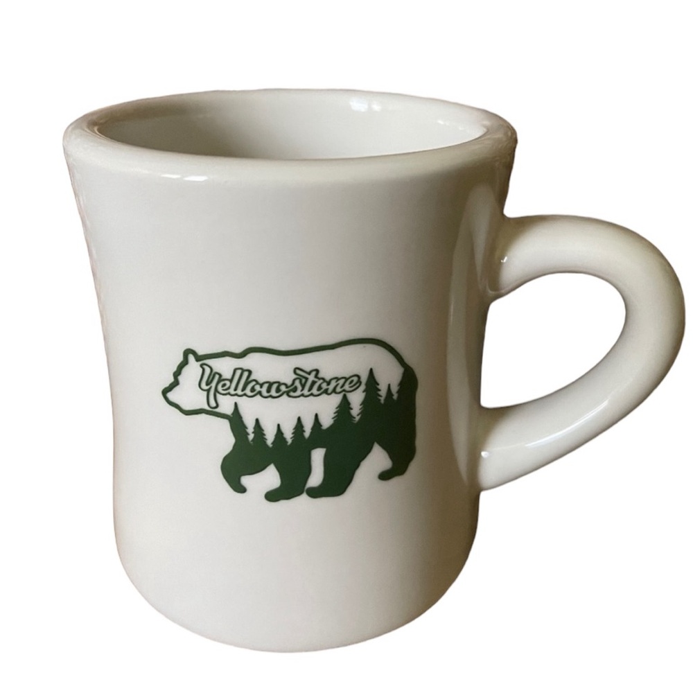 M WARE Yellow Stone Coffee Mug Bear with Tree Silhouette